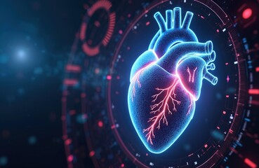Glowing blue anatomical heart with red neon vessels in futuristic digital interface. Heart floats in space surrounded by circular data rings and particle effects on dark background.