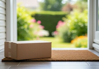 A cardboard box sits on a doormat at the entrance of a house, with a blurred garden in the background. The scene captures a moment of delivery in a residential setting.