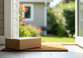 A cardboard box is placed on a doormat outside a house, with a blurred garden in the background. The scene captures a moment of delivery at a residential entrance.