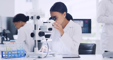 Microscope, research and molecule with woman in lab for chemical study, medical and sample. Microbiology particles, discovery and vaccine experiment with scientist in clinic for cure and pharmacy