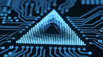 Glowing Blue Digital Data Triangle on Abstract Circuit Board Background Representing AI Technology Big Data Processing Machine Learning and Cybersecurity Network - Powered by Adobe