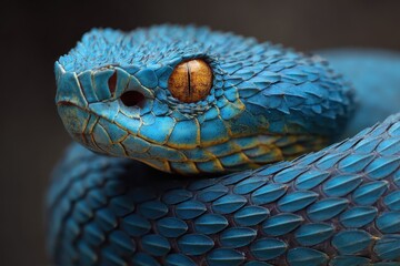 Fototapeta premium Vibrant blue insularis pit viper showcasing intricate scales and striking eyes in its natural habitat during daylight