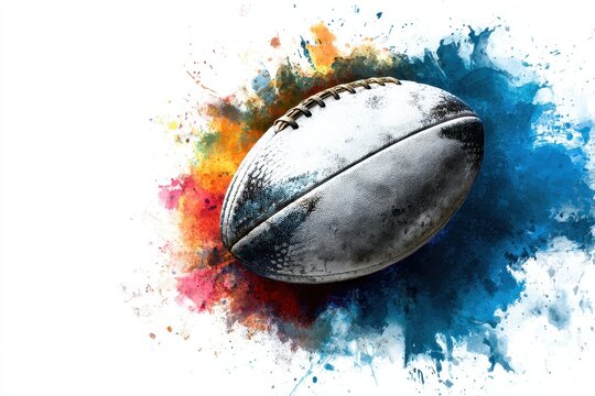 Dynamic rugby ball surrounded by vibrant splashes of color creating an energetic atmosphere suitable for sports-themed events or designs