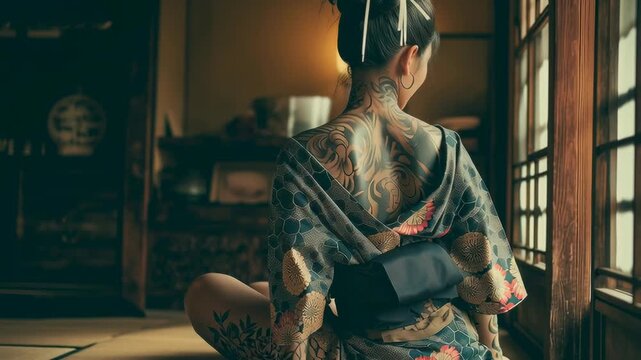 Tattooed woman in traditional kimono sitting gracefully in Japanese room, symbolizing beauty, strength, and inner balance.