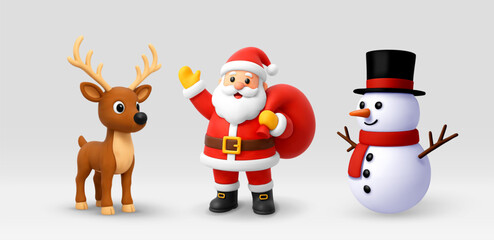 Christmas characters set including Santa Claus, reindeer, and snowman 3D charming toy illustration for Winter Holiday celebration season. Vector illustration