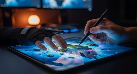 Creative artist creating digital art with stylus on tablet, showcasing futuristic design and innovative technology for modern workflow solutions