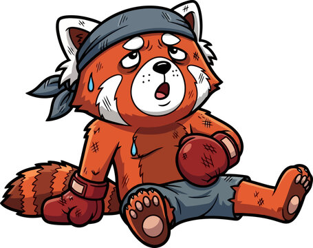 gritty red panda fighter catches breath, undefeated in spirit, isolated on transparent background