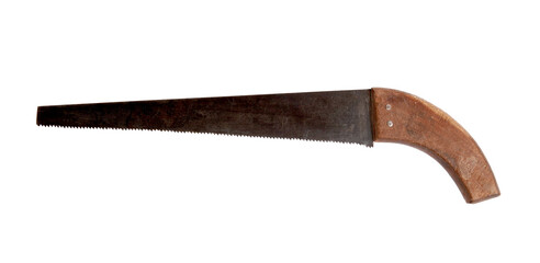 Vintage rusty hand saw with wooden handle isolated ,