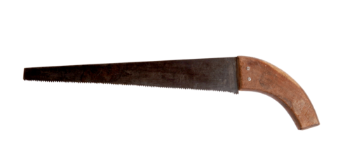 Vintage rusty hand saw with wooden handle isolated ,