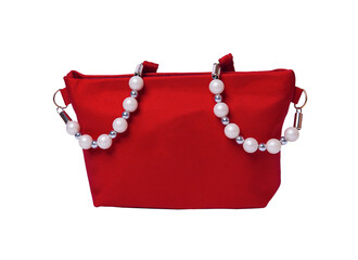 Elegant red fabric pouch with pearl and silver bead handles