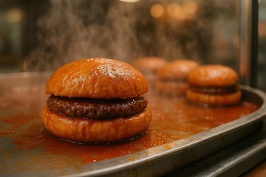 Authentic Turkish 'Islak Burger' (Wet Burger or Steamed Hamburger) Soaked in a Special Tomato Sauce, Steaming on a Hot Grill or Griddle in a Restaurant Setting