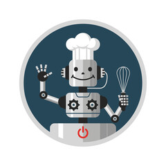 A cartoon robot chef wearing a chef's hat, holding a whisk, and waving hello, set against a dark blue circular background.