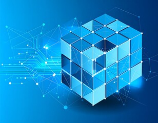 Geometric cube structure with interconnected lines and points, bright blue