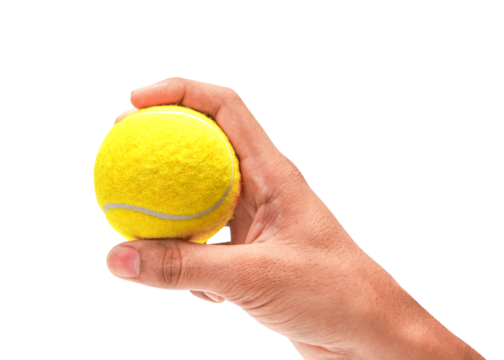 A human hand firmly holding a vibrant yellow tennis ball, isolated