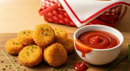 Golden Fried Chicken Nuggets Dipped in Ketchup with a Picnic Basket