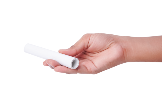 Hand holding a white relay baton, isolated, ready for a race.