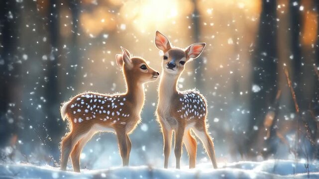 Two baby deer standing in snowy forest with warm sunlight and gentle winter atmosphere