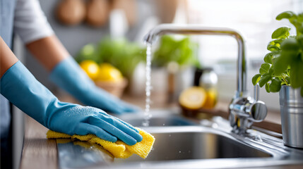 Fototapeta premium A woman wearing blue gloves cleaning a sink with a yellow cloth. The sink is in the kitchen, next to a potted plant and several other items. Cleaning concept