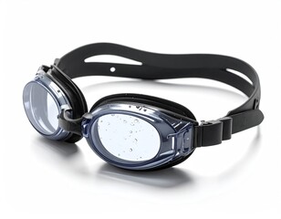 Black swimming goggles, clear lenses, water droplets