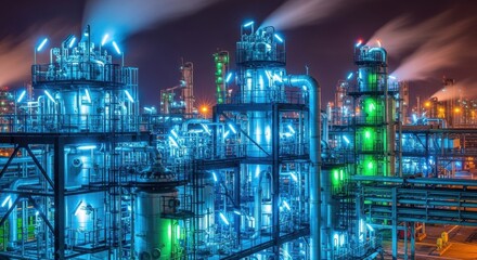Nighttime factory complex with glowing lights showcasing industrial production