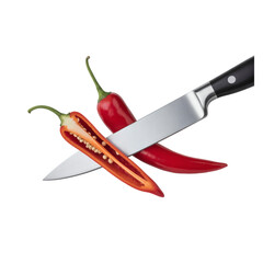 Two fresh red chili peppers and a silver kitchen knife on transparent background