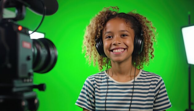 Happy young girl in headphones smiles at camera during video shoot in studio. Female child actor works on set with green screen for movie production. Kid vlogger records content for social media