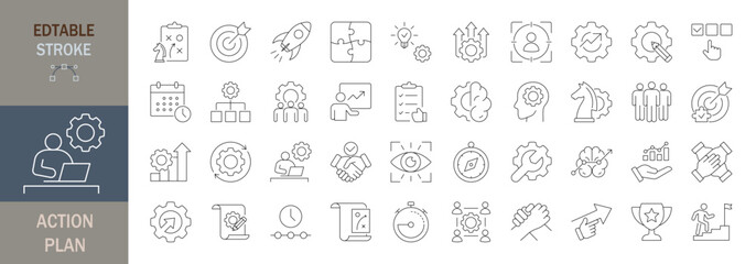 Action plan icon set. Editable line icons. Vector illustration.