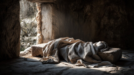 Burial shroud lying on stone slab inside ancient tomb, bathed in warm sunrise light at the entrance, symbolizing resurrection and divine hope concept