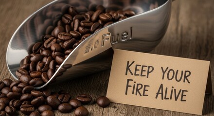 Roasted coffee beans scooped by metal spoon and card on wooden table