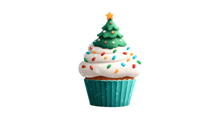 christmas cupcake with tree decoration isolated on white background