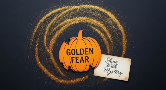 Pumpkin with Golden Fear and Mysterious Shine message on black background - Powered by Adobe