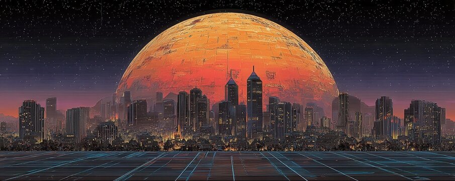 City skyline at night with a giant orange moon and neon retro-futuristic grid