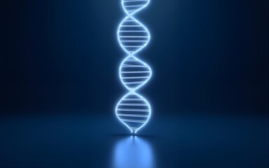 Abstract glowing DNA hologram on dark blue background with mock up place. Science, medicine and biotechnology concept. 3D Rendering. High quality