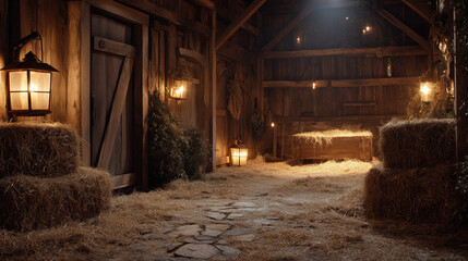 Rustic village stable lit by lanterns with hay scattered on the floor and glowing aura from manger, christmas and faith concept