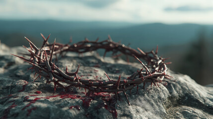 Crown of thorns resting on rough stone surface under natural light, symbolizing sacrifice, suffering and christian devotion concept