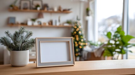 Fototapeta premium An empty picture frame and a potted plant sit on a wooden surface in front of a blurred festively decorated Christmas interior