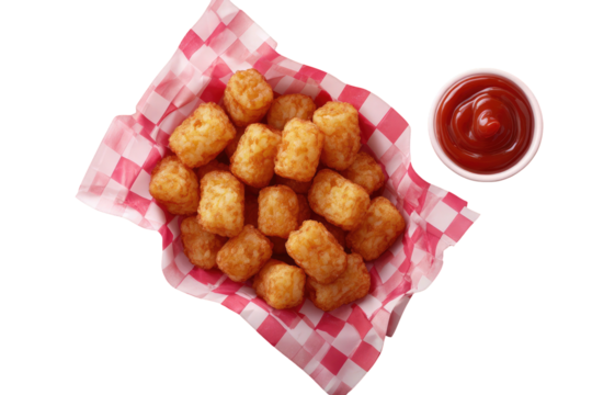 Golden-brown potato puffs in a pink checkered basket next to a small white bowl of ketchup on a black background