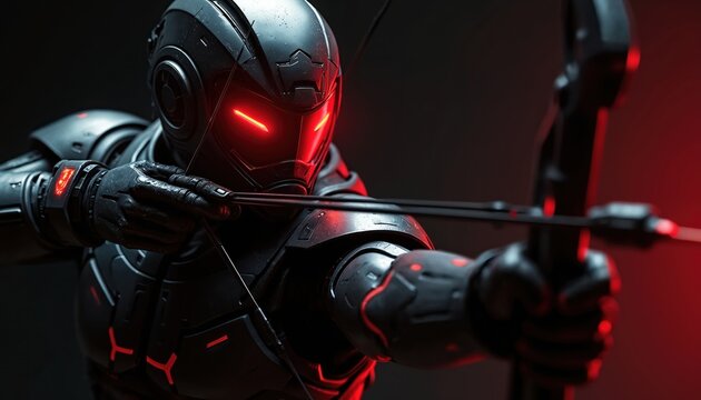 Dark cybernetic archer aims with bow. Robotic hunter glows with red light. Sci-fi concept art exhibits digital warrior with advanced armour in future world hunting scene.