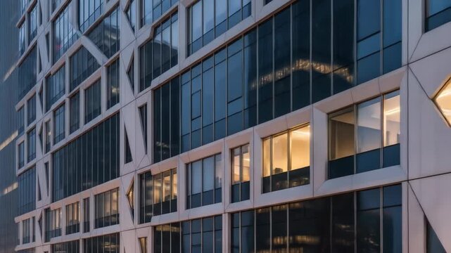 Modern architectural skyscraper features geometric windows and a complementary building