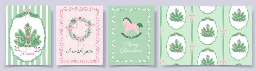 Pastel Christmas cards and seamless pattern with, pine branches, bows, wreaths and vintage rocking horse in soft green and pink, in coquette style. Hand draw for holiday greeting cards, packaging