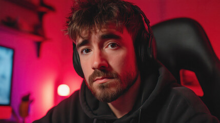 Portrait of young man with beard in red light, modern studio atmosphere, emotional and creative photography concept