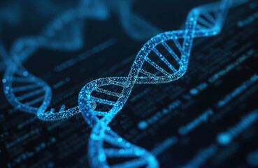 Abstract glowing blue DNA helix structure visualizes molecular genetics. Shows genetic code, human genome, biology research. Represents biotech science, health data, medical discovery, gene therapy,