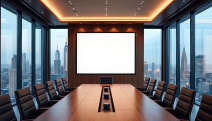 Empty modern boardroom interior with city view. Conference room long table screen, chairs. Contemporary office for video call presentation business meeting with mockup. New york skyscraper outside