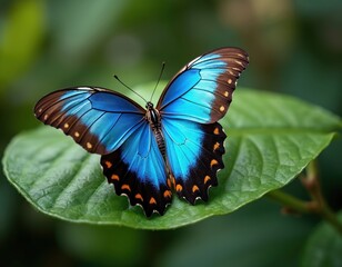 Obraz premium Close view on blue butterfly resting on large green leaf. Colorful wings show vibrant color pattern. Tropical insect, nature scene, macro view. Winged morpho animal at wildlife habitat in rain forest.
