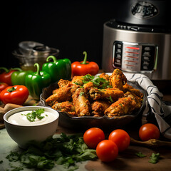 Crispy golden chicken wings ready to serve, fresh vegetables and dipping sauce create a delectable culinary experience