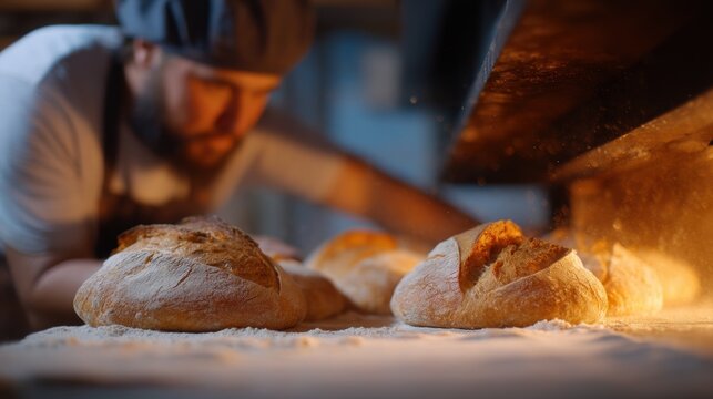 Baker in a bakery, wearing a white apron and a black chef's hat. he is working in front of an oven, with two loaves of bread on the countertop. - Powered by Adobe