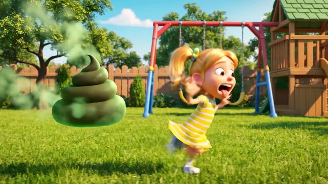 Cartoon girl runs away from a pile of cartoon poop emitting smelly green gas on a sunny lawn