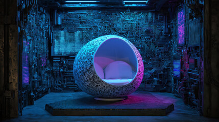 Futuristic egg-shaped chair glowing in blue and purple neon light in dark cyber room, symbol of technology, comfort and modern lifestyle concept