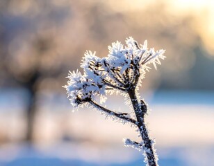 Frost-covered wildflower stem in soft focus during winter sunrise