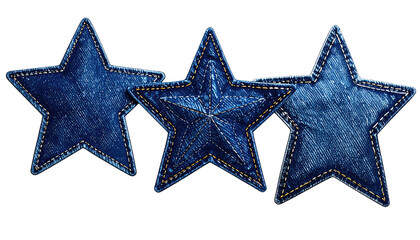 Obraz premium Three denim star shapes arranged closely, in blue hues with stitch detailing against a stark black background